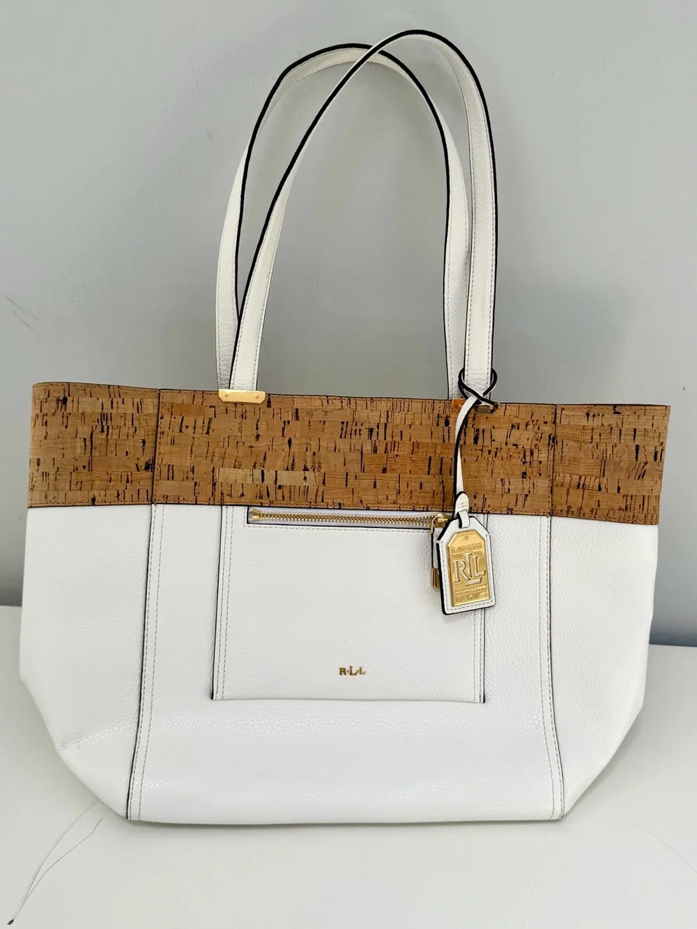 Lauren Ralph Lauren Paley White Leather Tote with Cork Band and Gold Hardware.
